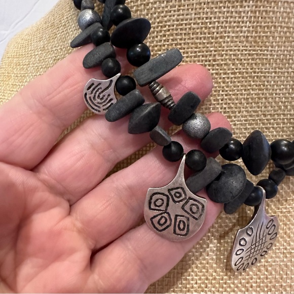 Chico's Statement Necklace double strand black and silver tone beaded w/ charms - Picture 4 of 10